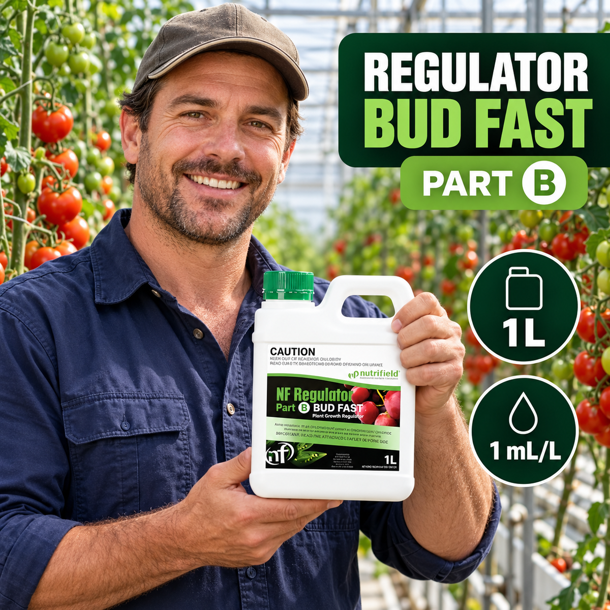Adult Australian tomato greenhouse grower presenting a closed 1L bottle of Regulator Bud Fast Part B.