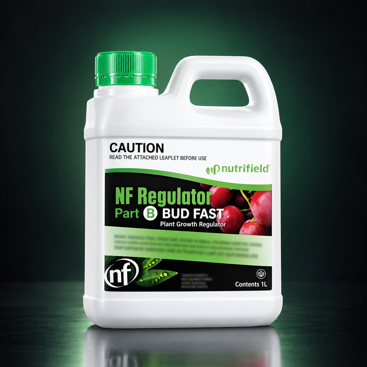 Premium studio render of the closed white Regulator Bud Fast Part B 1L bottle with green cap and black-green label.