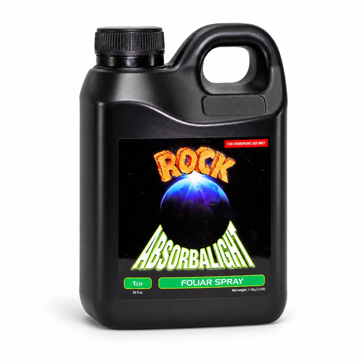 AI-created clean studio render of ROCK Absorbalight Foliar Spray 1L on a white background, with no props or promotional text.