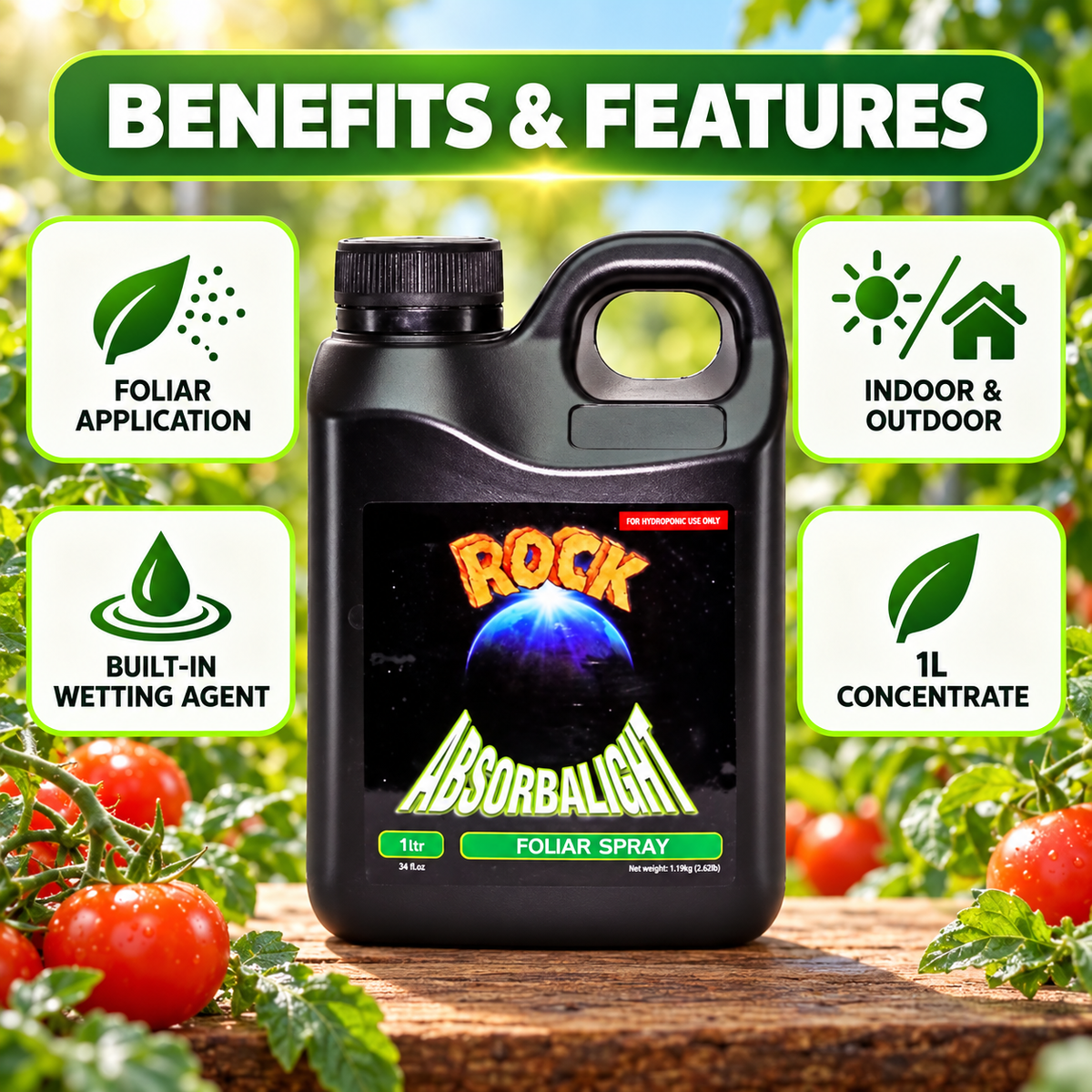 General advertisement for ROCK Absorbalight Foliar Spray 1L in a tomato greenhouse, highlighting foliar application.