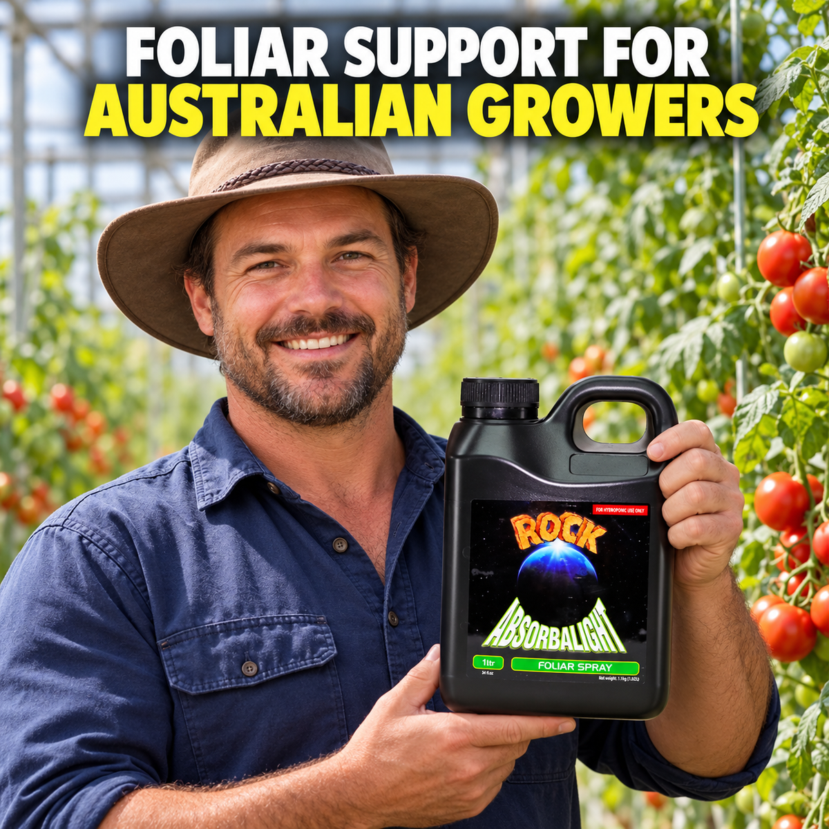 Benefits and features of ROCK Absorbalight Foliar Spray 1L, including foliar use, built-in wetting agent and indoor or outdoor application.