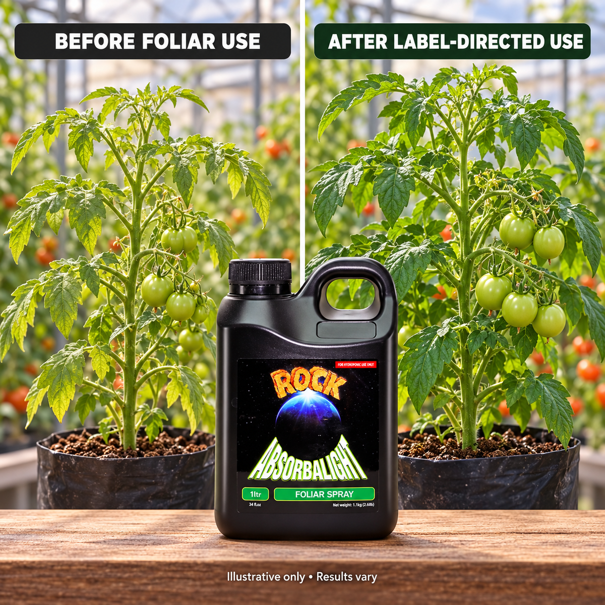 Illustrative tomato plant comparison before and after label-directed use of ROCK Absorbalight, with a results-vary notice.