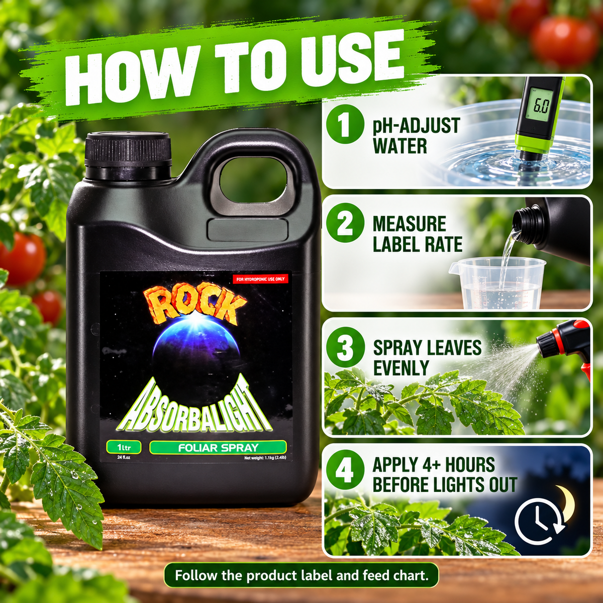Four-step ROCK Absorbalight guide: adjust water pH, measure label rate, spray leaves evenly and apply four hours before lights out.