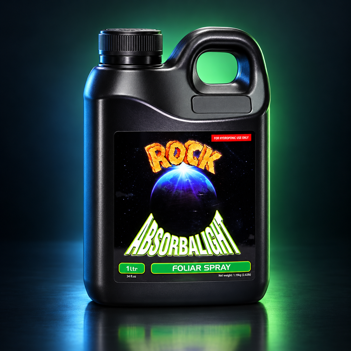 Premium studio render of ROCK Absorbalight Foliar Spray 1L on a dark green background.