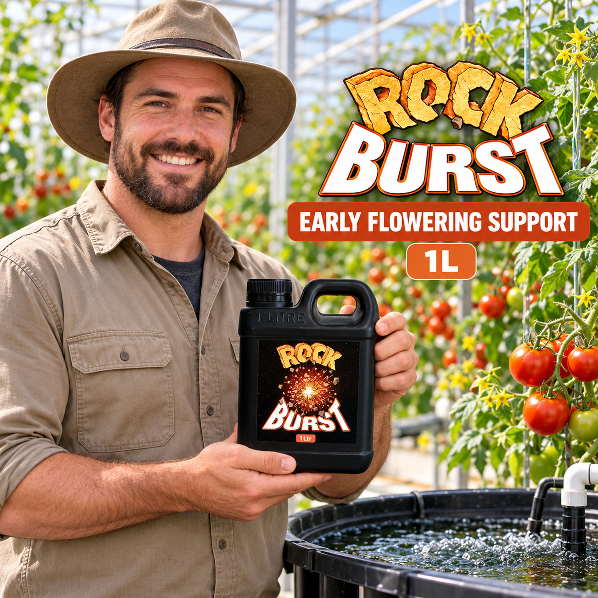 Adult Australian tomato greenhouse grower holding a closed Rock Burst 1L bottle beside a nutrient reservoir.