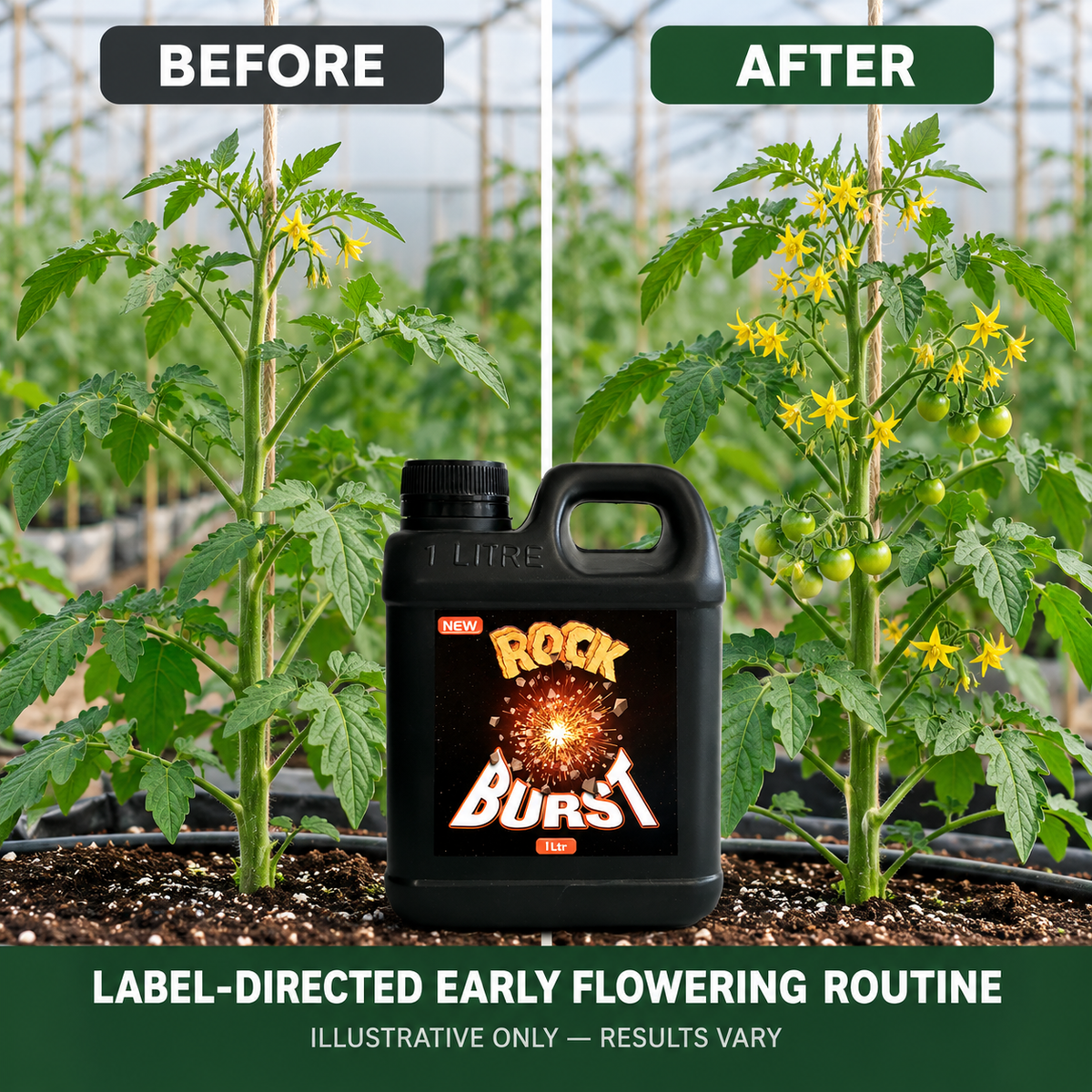 Illustrative tomato plant comparison before and after a label-directed early flowering routine with Rock Burst 1L; results vary.
