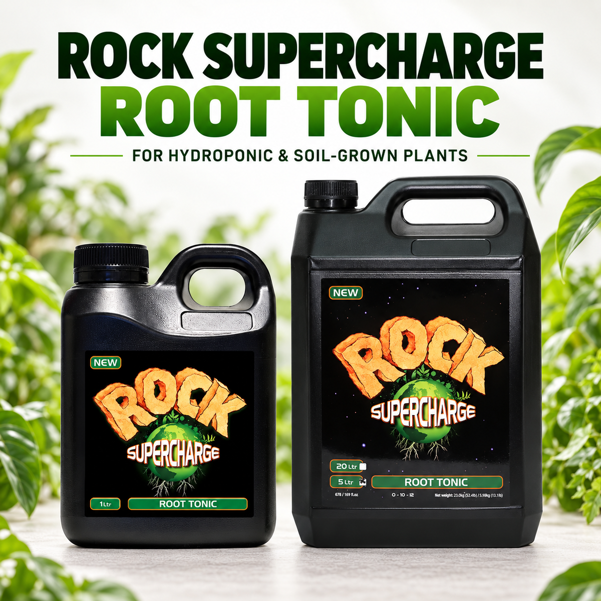 ROCK Supercharge Root Tonic 1L and 5L bottles for hydroponic and soil-grown plants