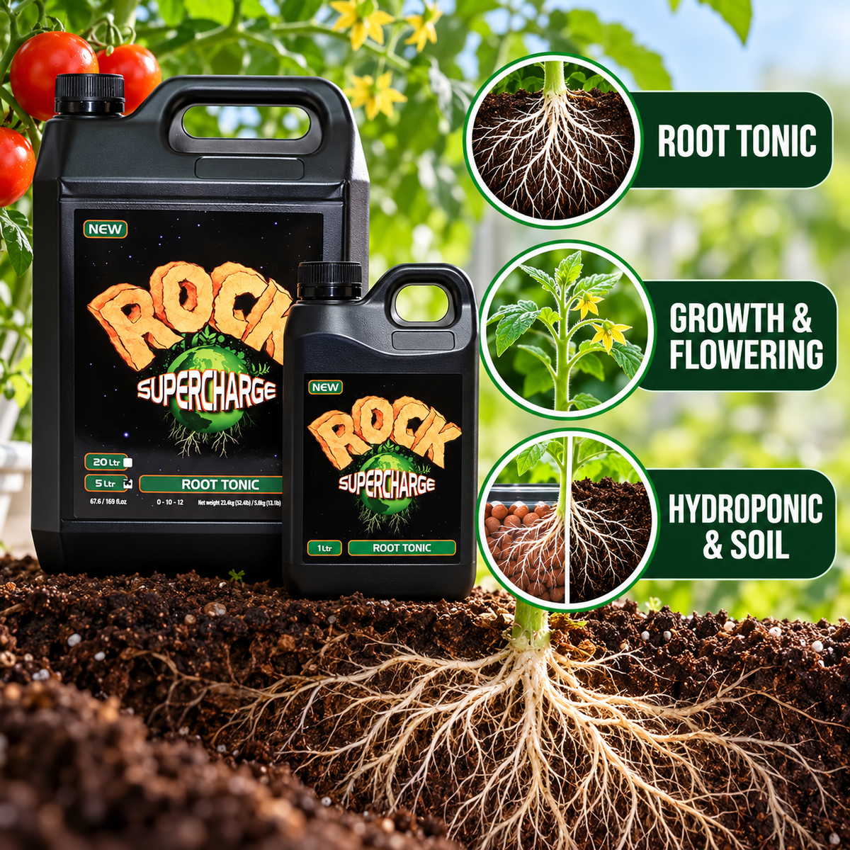 ROCK Supercharge Root Tonic benefits for roots, growth, flowering, hydroponics and soil
