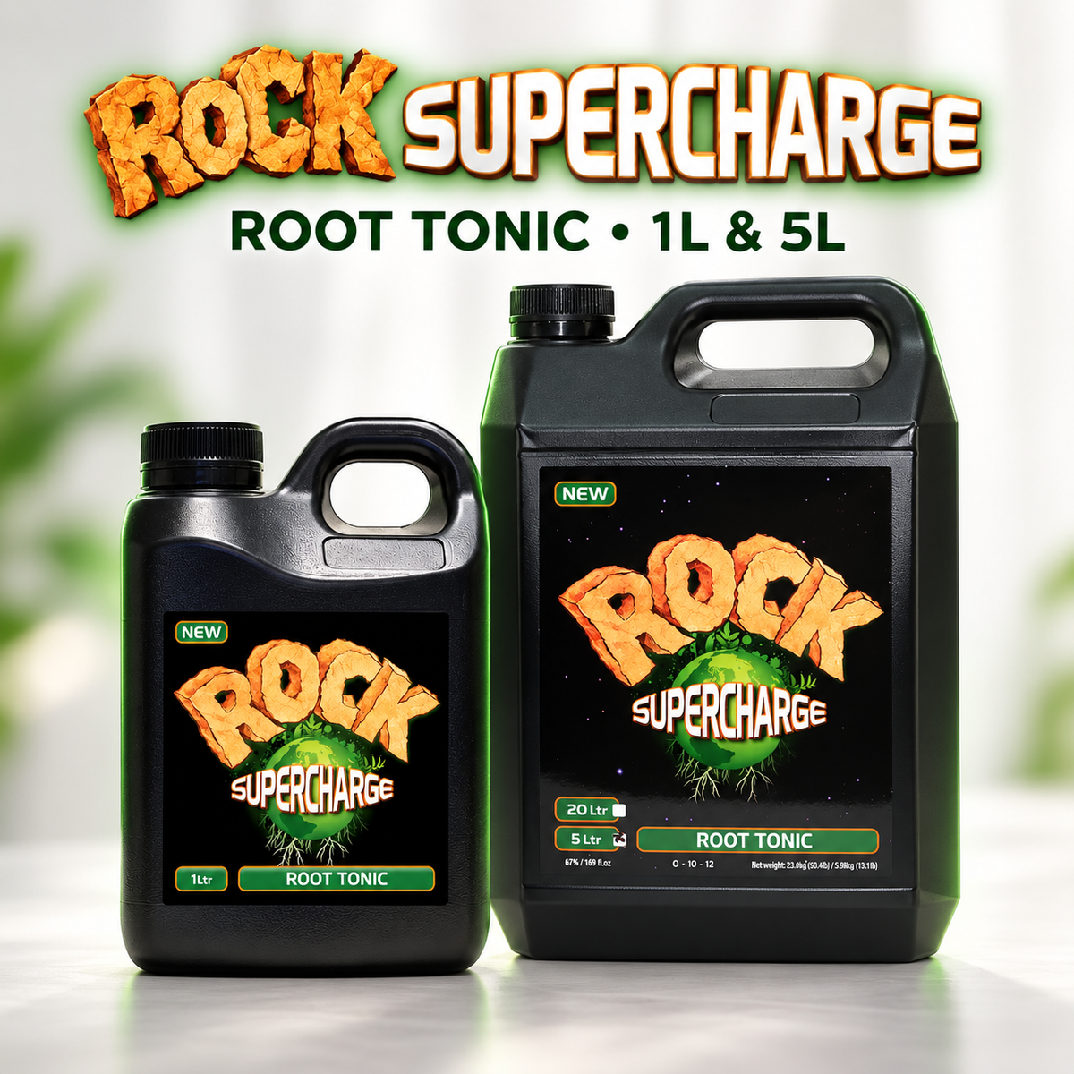Premium studio render of ROCK Supercharge Root Tonic 1L and 5L bottles