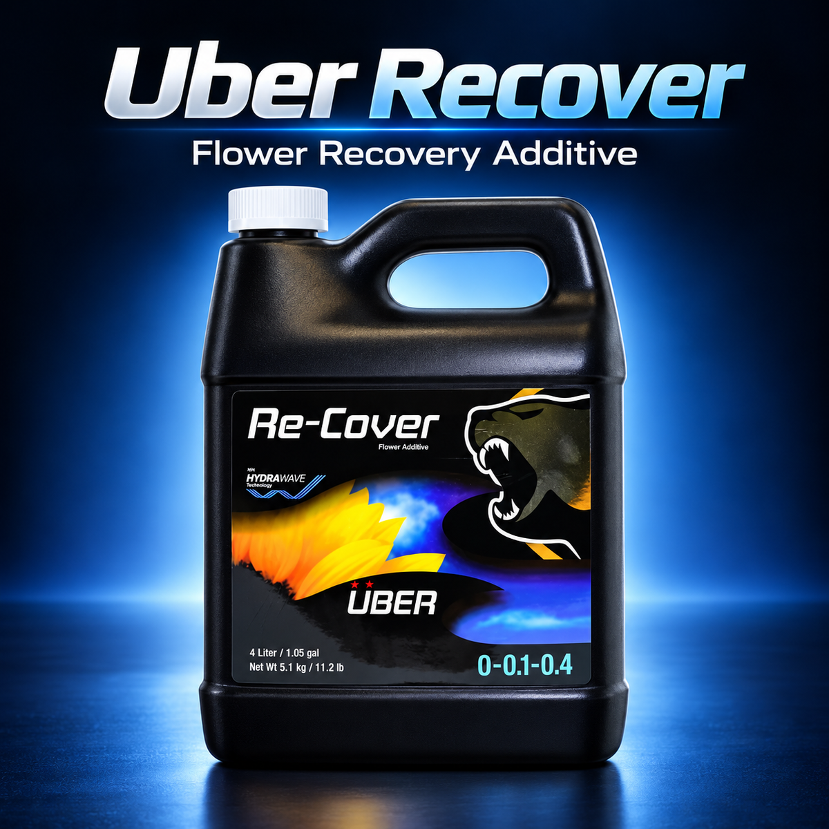 AI-created Uber Recover general advertisement showing the black Re-Cover flower additive bottle on a blue studio background.