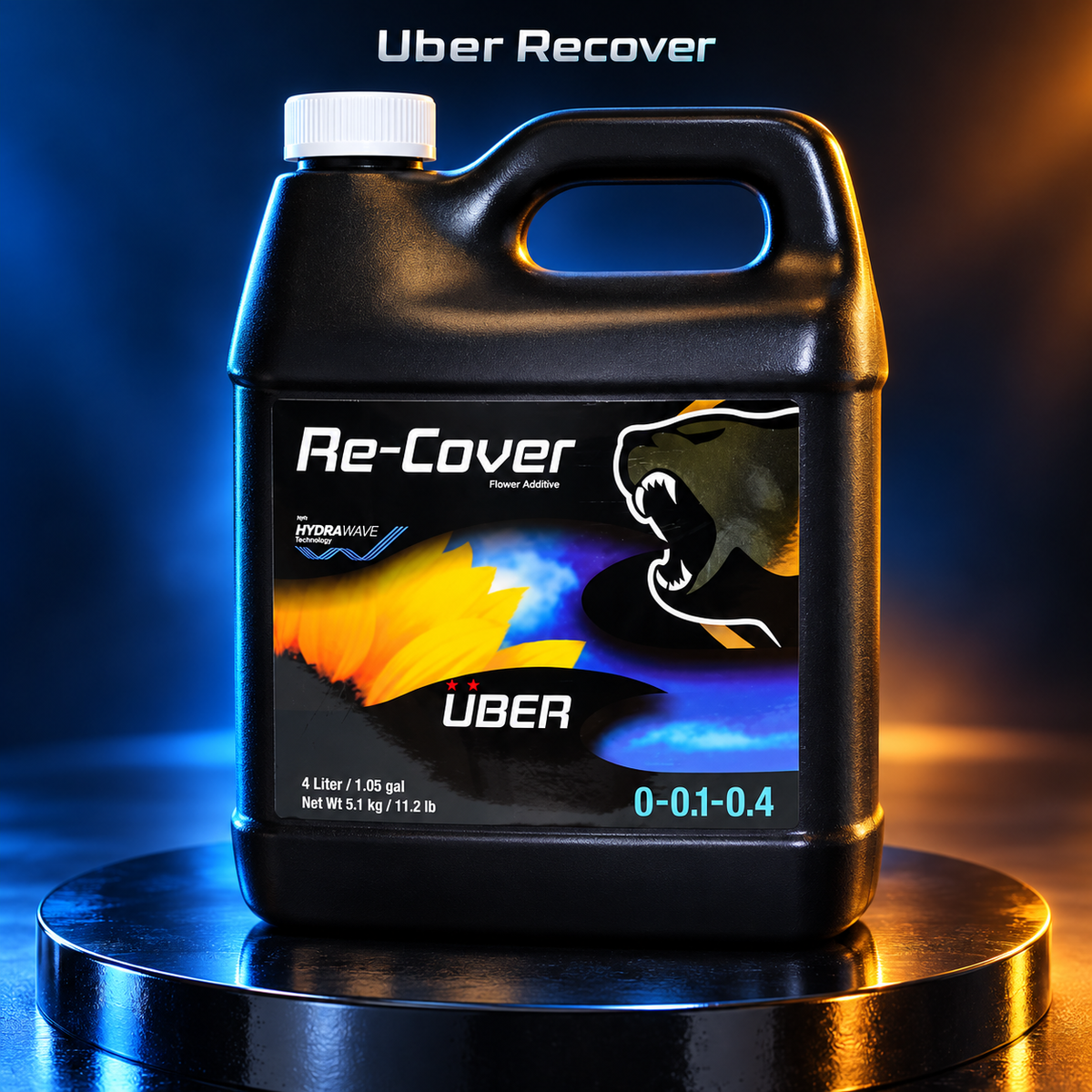 AI-created premium studio render of the black Uber Re-Cover flower additive bottle with blue and amber lighting.