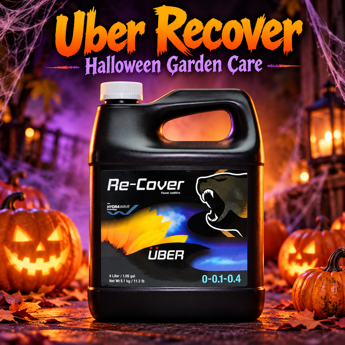 AI-created Halloween hero for Uber Recover with the black Re-Cover bottle, orange-purple lighting, pumpkins and cobwebs.