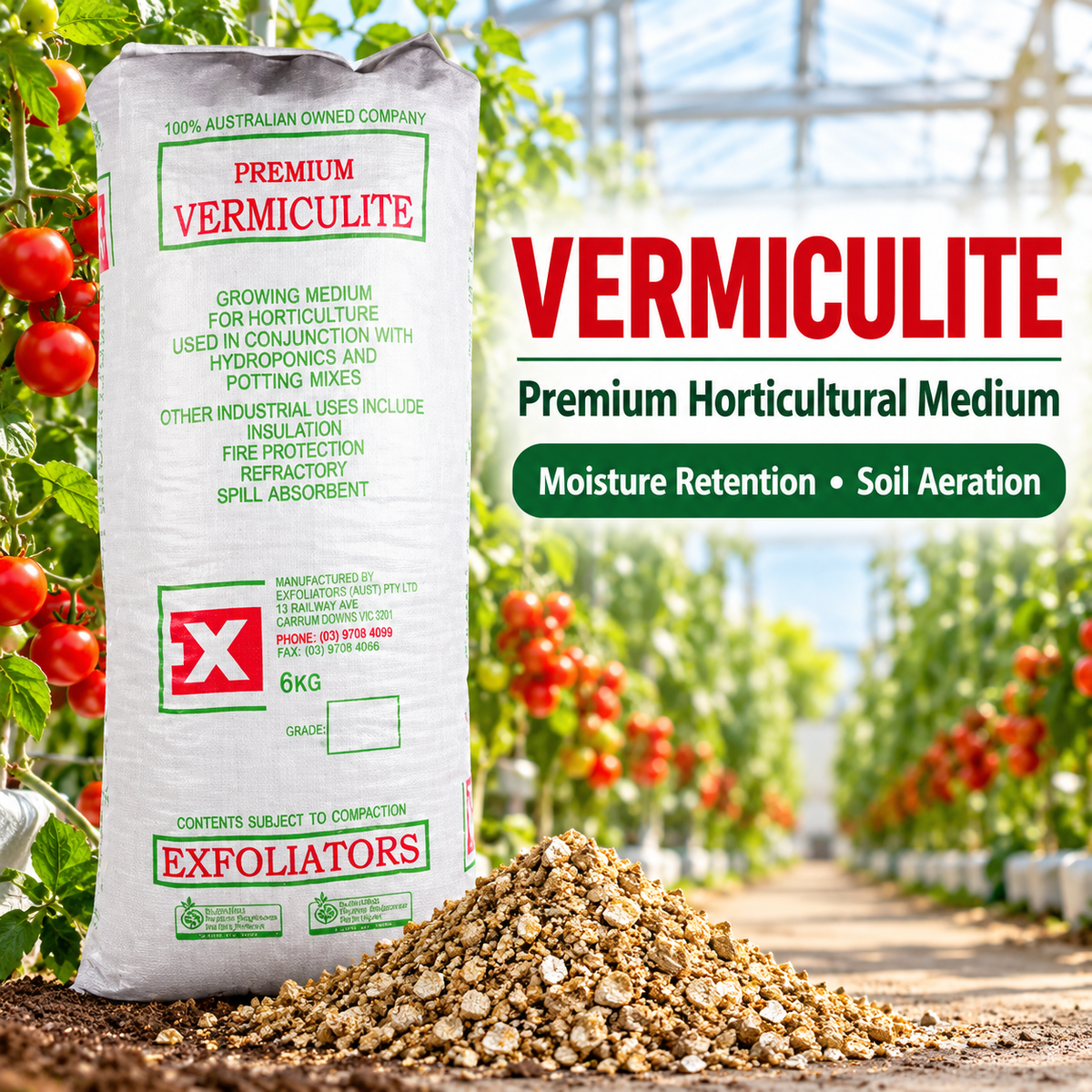 AI-created Vermiculite advertisement featuring the Exfoliators Premium Vermiculite 100L bag in a tomato greenhouse with moisture-retention and soil-aeration messaging.