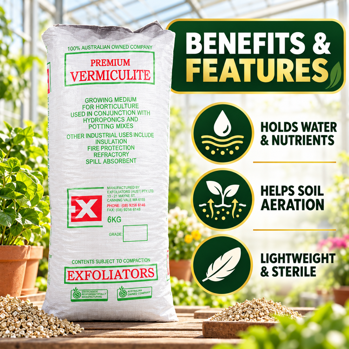 AI-created benefits infographic for Exfoliators Premium Vermiculite 100L highlighting water and nutrient retention, soil aeration and lightweight sterile material.