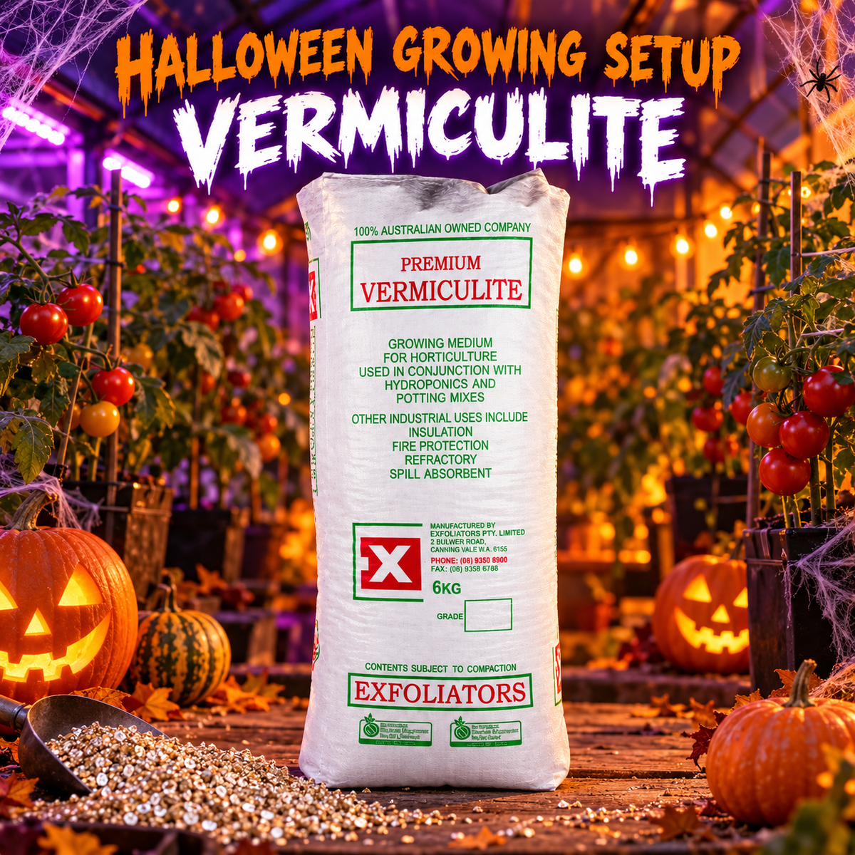 AI-created Halloween hero featuring Exfoliators Premium Vermiculite 100L with orange-purple greenhouse lighting, pumpkins, cobwebs and tomato plants.