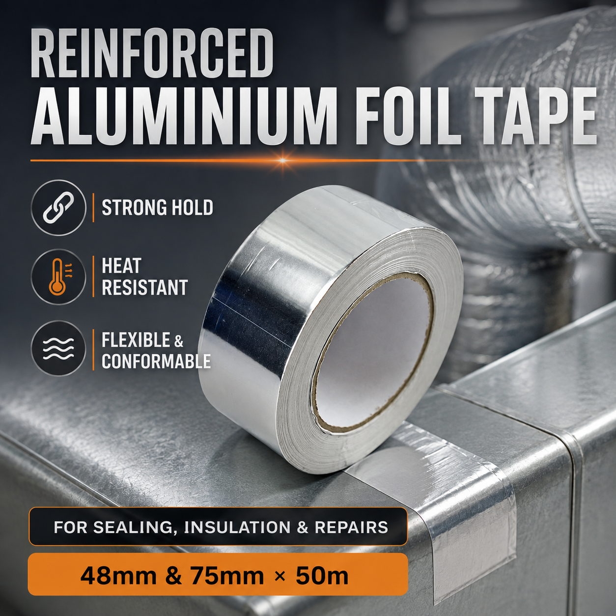 Reinforced aluminium foil tape for HVAC sealing, insulation and repairs